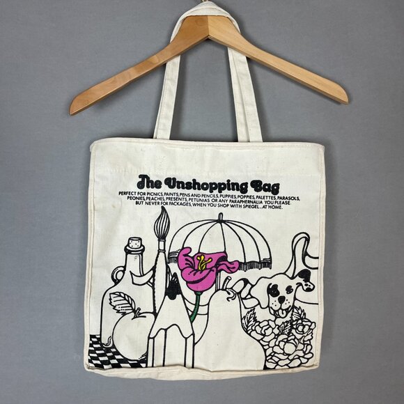 Vintage Spiegel The Unshopping Bag Canvas Tote Eclectic Retro 1970s Illustration - Picture 3 of 16